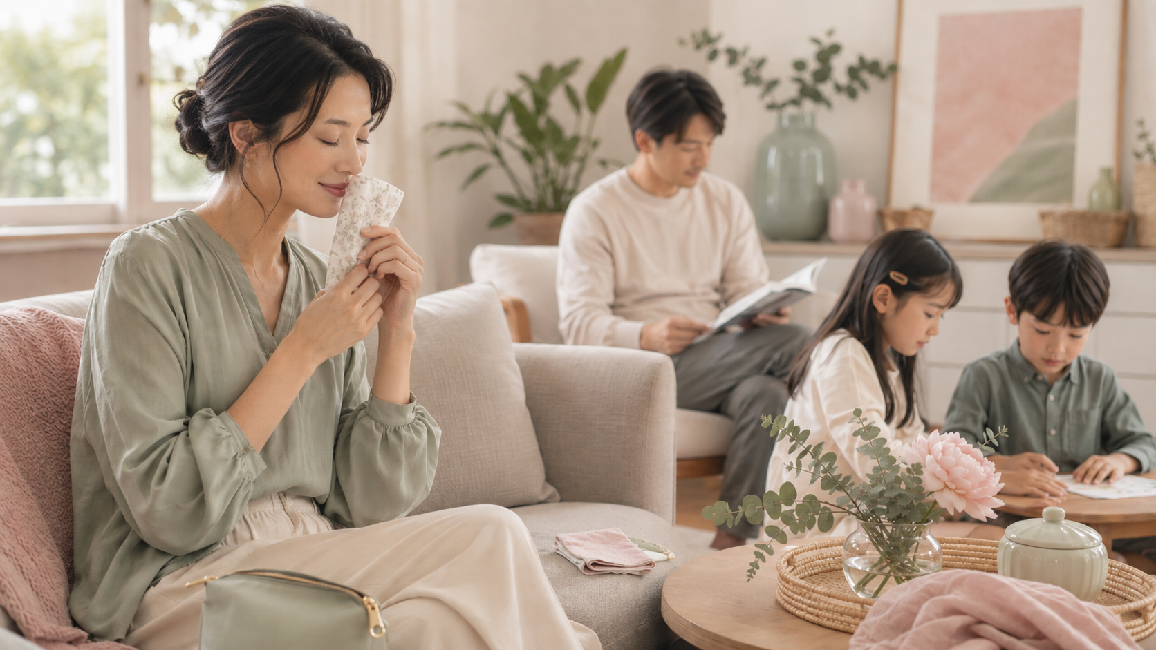 家族と過ごすリビングで個人用の香りを静かに確かめる日本人女性