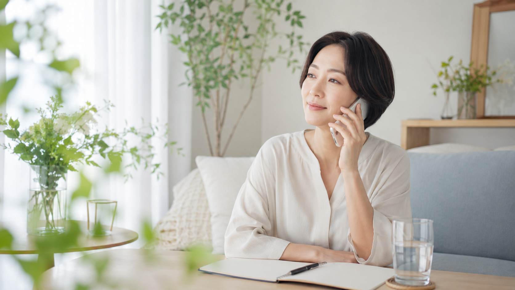 明るい室内で電話相談を利用する女性